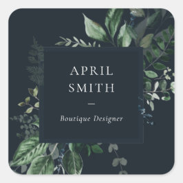 Navy Modern Green Leafy Tropical Foliage Fern Vierkante Sticker