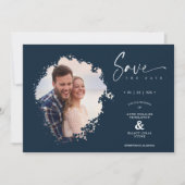 Navy Modern Grunge Ink Effect Photo Engaged Couple Save The Date (Voorkant)