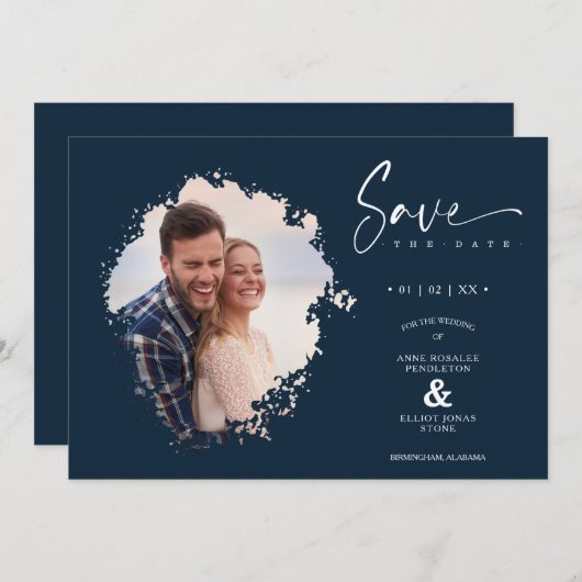 Navy Modern Grunge Ink Effect Photo Engaged Couple Save The Date (Voorkant / Achterkant)