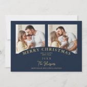 Navy Modern Luxury Chic Christmas 2 Photos Family Kaart (Voorkant)