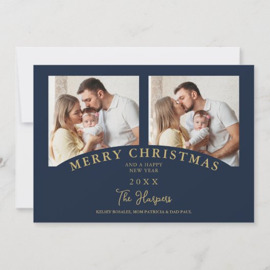 Navy Modern Luxury Chic Christmas 2 Photos Family Kaart (Voorkant)