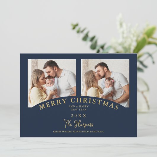 Navy Modern Luxury Chic Christmas 2 Photos Family Kaart (Staand voorkant)