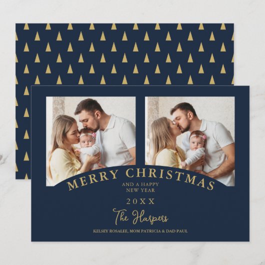 Navy Modern Luxury Chic Christmas 2 Photos Family Kaart (Voorkant / Achterkant)
