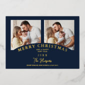 Navy Modern Luxury Chic Kerstmis 2 Fotofamilie Folie Uitnodiging (Voorkant)
