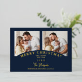Navy Modern Luxury Chic Kerstmis 2 Fotofamilie Folie Uitnodiging (Staand Voorkant)