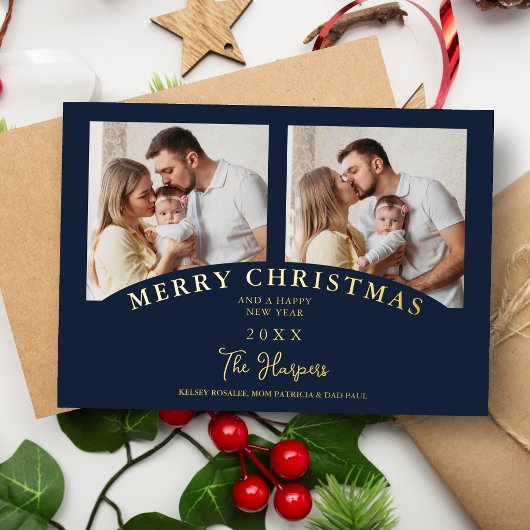 Navy Modern Luxury Chic Kerstmis 2 Fotofamilie Folie Uitnodiging