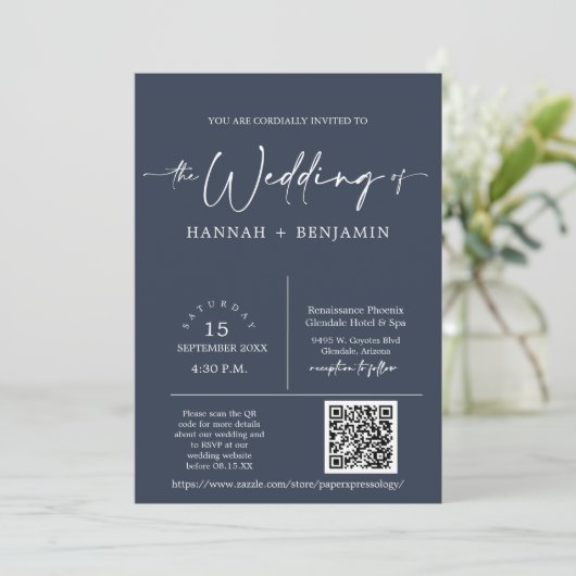 Navy Modern Minimalist Wedding Arch QR Code Foto Kaart (Staand voorkant)