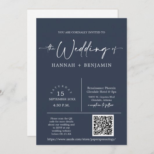 Navy Modern Minimalist Wedding Arch QR Code Foto Kaart (Voorkant / Achterkant)