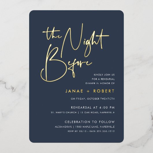Navy | Modern minimalistisch script repetitief din Folie Uitnodiging (Voorkant)