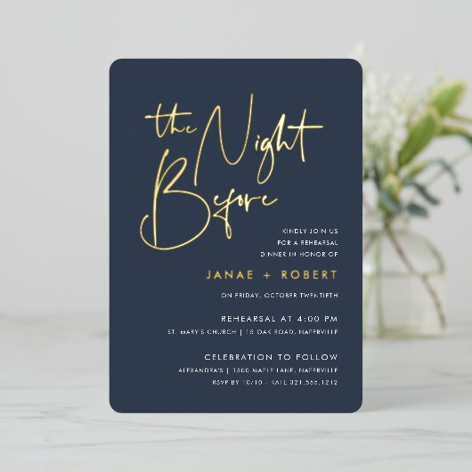 Navy | Modern minimalistisch script repetitief din Folie Uitnodiging (Staand Voorkant)