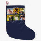 Navy Modern Photo Collage Calligraphy What a Year Kleine Kerstsok (Voorkant)