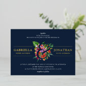 Navy Modern Tropical Bouquet Wedding Folie Uitnodiging (Staand Voorkant)
