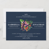Navy Modern Tropical Bouquet Wedding Kaart (Voorkant)