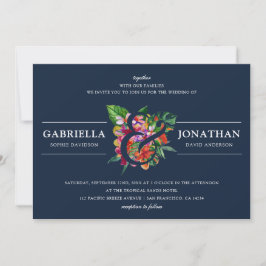 Navy Modern Tropical Bouquet Wedding Kaart