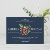 Navy Modern Tropical Bouquet Wedding Kaart (Staand voorkant)