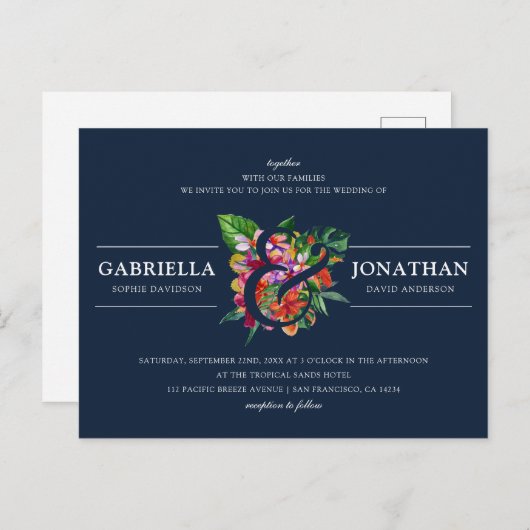 Navy Modern Tropical Bouquet Wedding Uitnodiging Briefkaart (Voorkant / Achterkant)