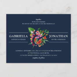 Navy Modern Tropical Bouquet Wedding Uitnodiging Briefkaart
