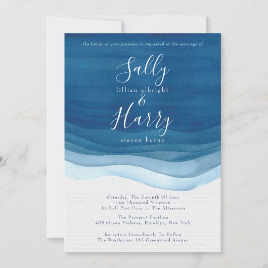 Navy, Modern Waterverf Waves Wedding Kaart (Voorkant)