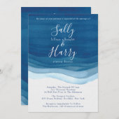 Navy, Modern Waterverf Waves Wedding Kaart (Voorkant / Achterkant)
