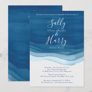 Navy, Modern Waterverf Waves Wedding Kaart