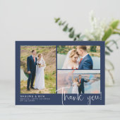 Navy Modern Wedding 3 Foto Collage Hartelijk dank Bedankkaart (Staand voorkant)