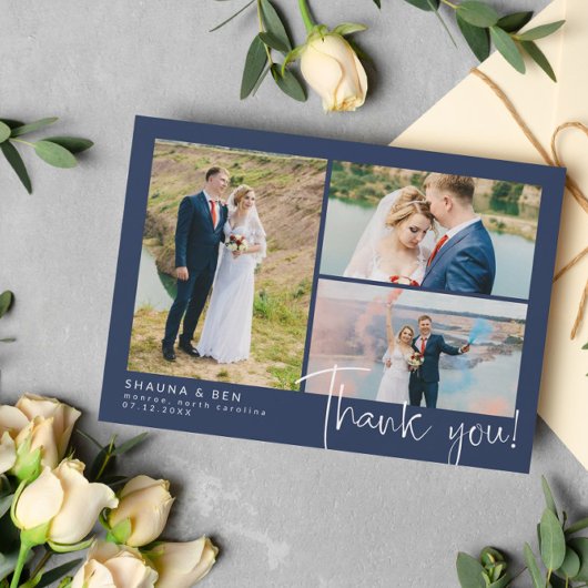 Navy Modern Wedding 3 Foto Collage Hartelijk dank Bedankkaart