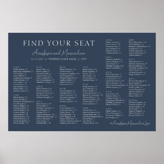 Navy Modern Wedding Alphabetical Seating Chart Poster (Voorkant)