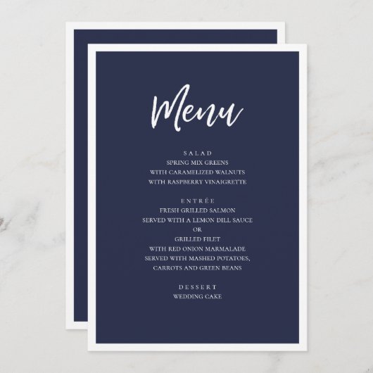 Navy moderne bruiloft diner. Eenvoudig minimalisti Menu (Voorkant / Achterkant)