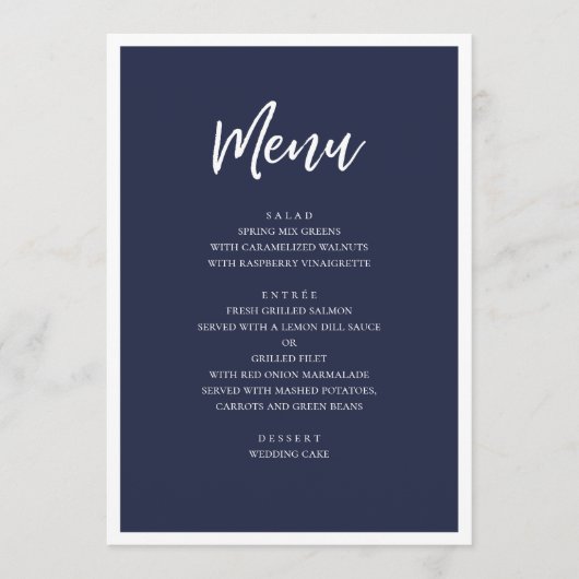 Navy moderne bruiloft diner. Eenvoudig minimalisti Menu (Voorkant)