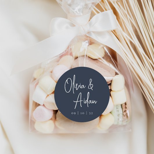 Navy | Moderne handgeschreven bruiloft voor script Ronde Sticker