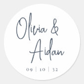 Navy | Moderne handgeschreven bruiloft voor script Ronde Sticker (Voorkant)