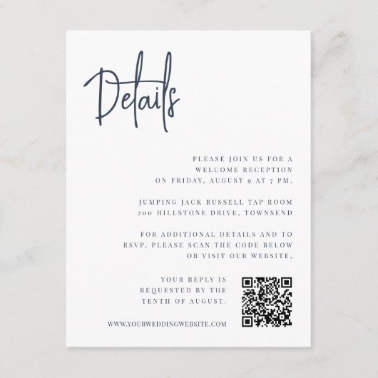 Navy | Moderne script All-in-One Wedding Details Informatiekaartje (Voorkant)