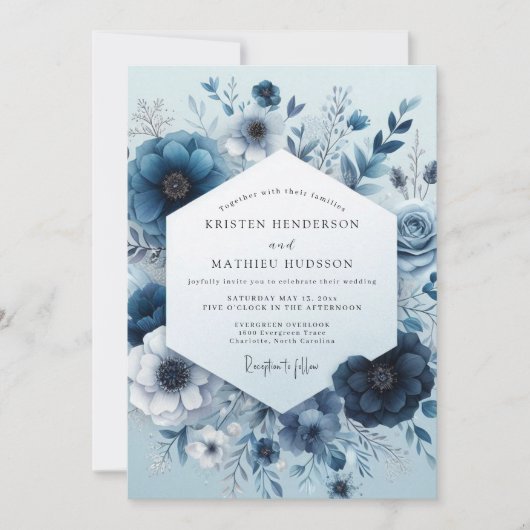 Navy Monochromatic Bloom Wedding Kaart (Voorkant)