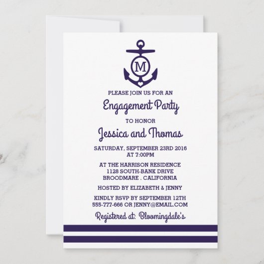 Navy Monogram Anchor Nautical Engagement Party Kaart (Voorkant)
