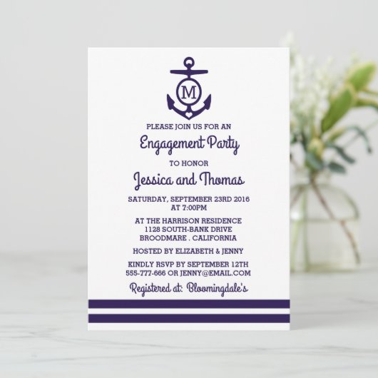 Navy Monogram Anchor Nautical Engagement Party Kaart (Staand voorkant)