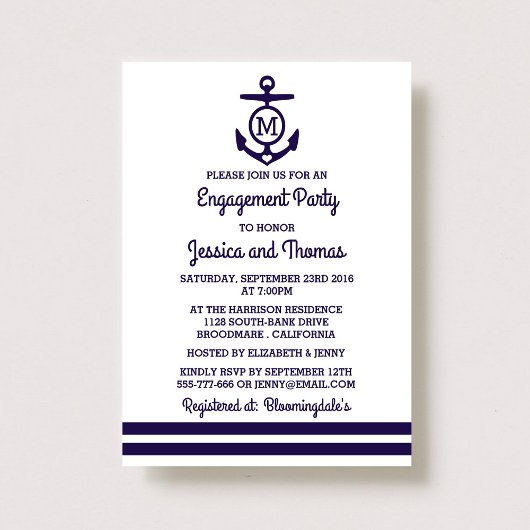 Navy Monogram Anchor Nautical Engagement Party Kaart