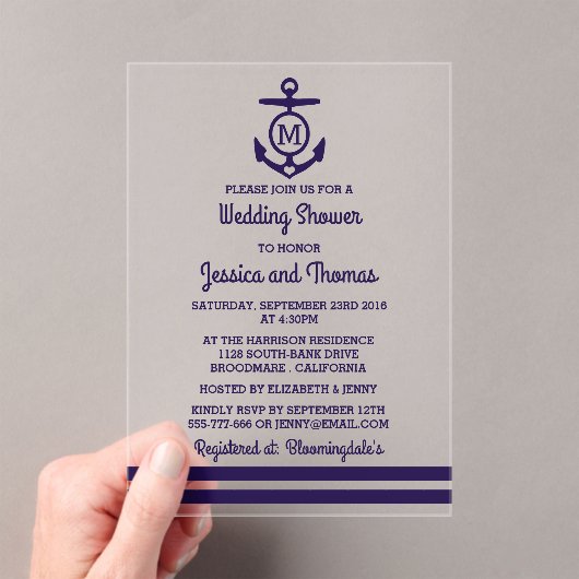 Navy Monogram Anchor Nautical Wedding Shower Acryl Uitnodigingen (Insitu (Draagbaar))