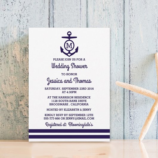 Navy Monogram Anchor Nautical Wedding Shower Kaart
