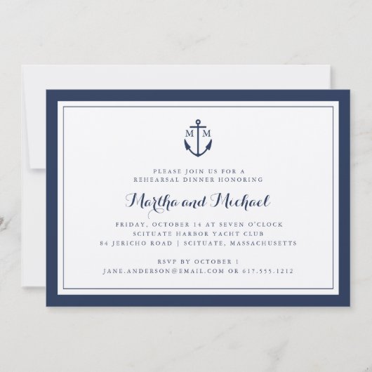 Navy Monogram Anchor Rehearsal Dinner Invitation Kaart (Voorkant)