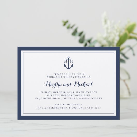 Navy Monogram Anchor Rehearsal Dinner Invitation Kaart (Staand voorkant)