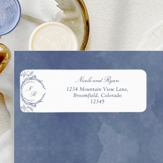 Navy Monogram Elegant Wedding Return Adres Label