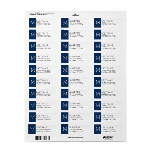 Navy Monogram en Aangepaste naam - Retouradres Etiket (Full Sheet)