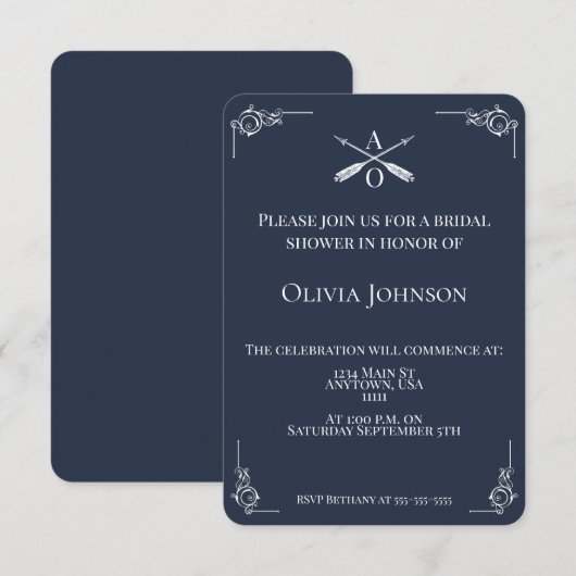 Navy Monogram en Arrows Vrijgezellenfeest Kaart (Voorkant / Achterkant)