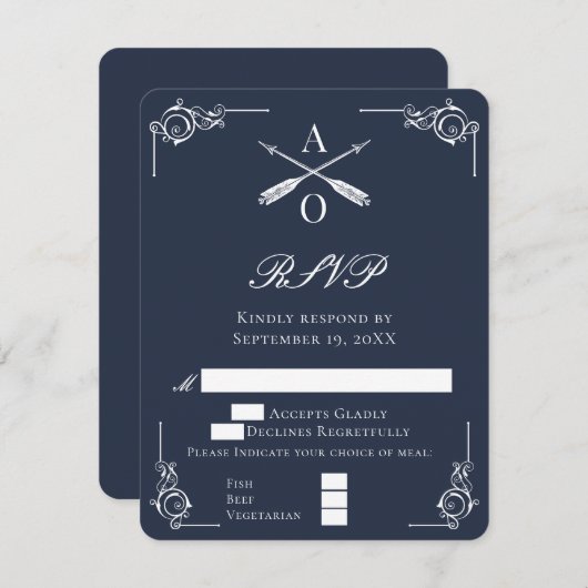 Navy Monogram en pijlen bruiloft RSVP Kaart (Voorkant / Achterkant)