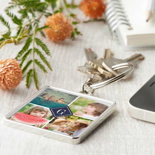 Navy Monogram Foto Collage Sleutelhanger (Zijkant)