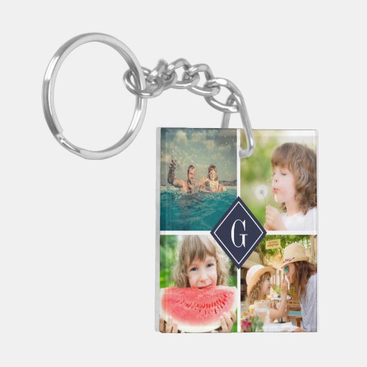 Navy Monogram Fotocollage Dubbelzijdig Sleutelhanger (Voorkant Links)