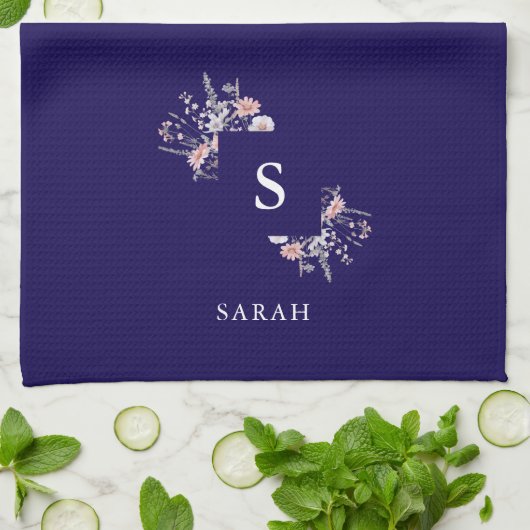 Navy Monogram Initiaal Modern Mom Theegerecht Theedoek (Gevouwen)