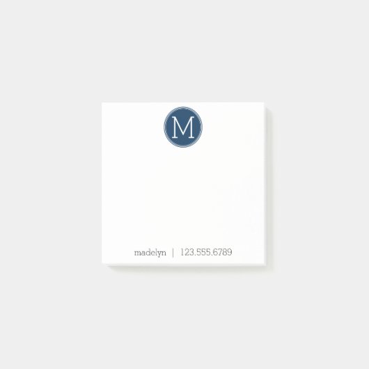Navy Monogram met naam en contactnummer Post-it® Notes (Voorkant)