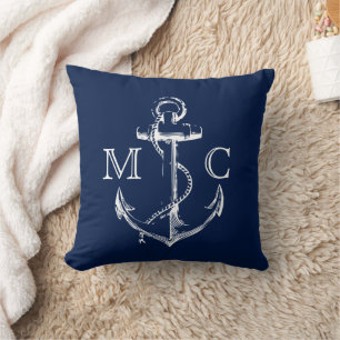 Navy Monogram Nautical White Sketch Anchor   Kussen