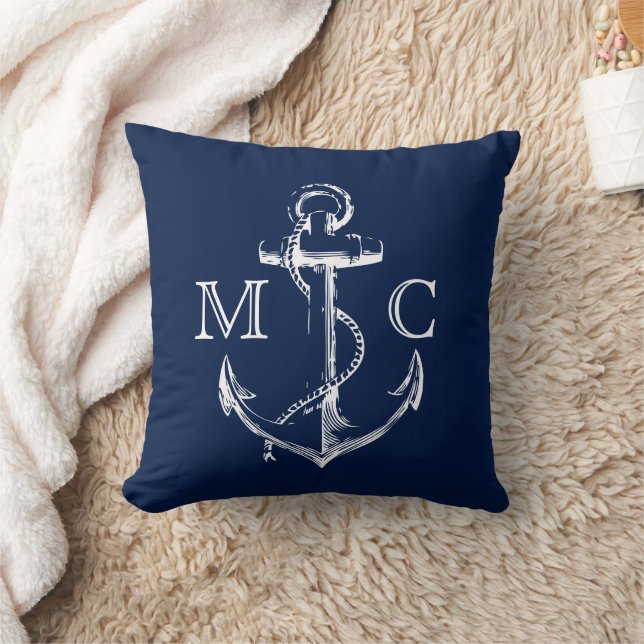 Navy Monogram Nautical White Sketch Anchor | Kussen (Deken)